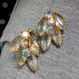 Vintage Gold Tone Clear And Aurora Borealis Rhinestone Clip On Earrings